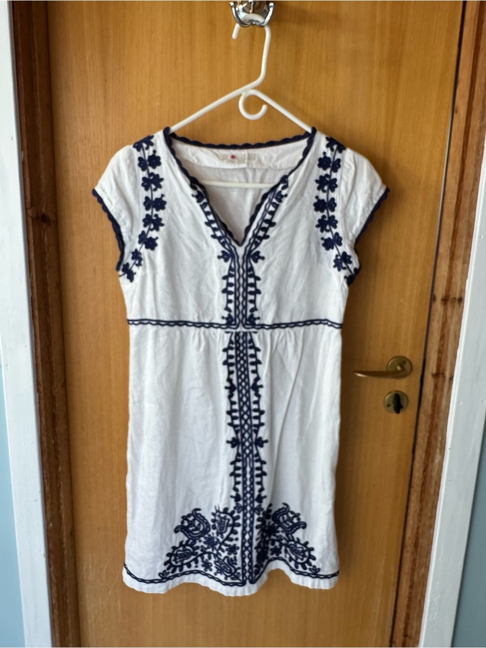 Boden White Cotton Dress with Navy Embroidery